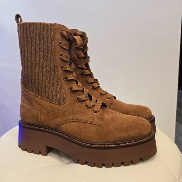 Sam Edelman EVINA Cognac Leather Brown Zip Lace Hiking Boots NEW 9 1/2 Shoes HOT - Picture 2 of 6